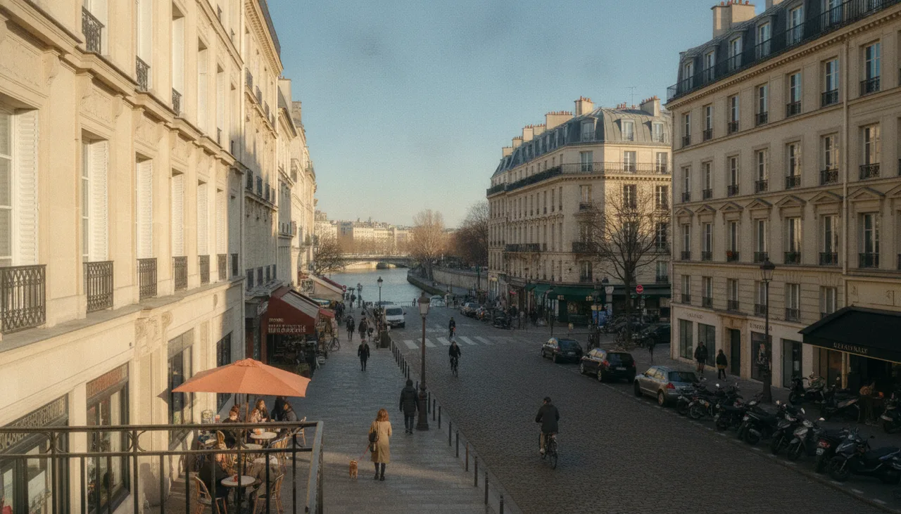 Toits de zinc et cheminées de Paris à l’aube, la Seine au loin.