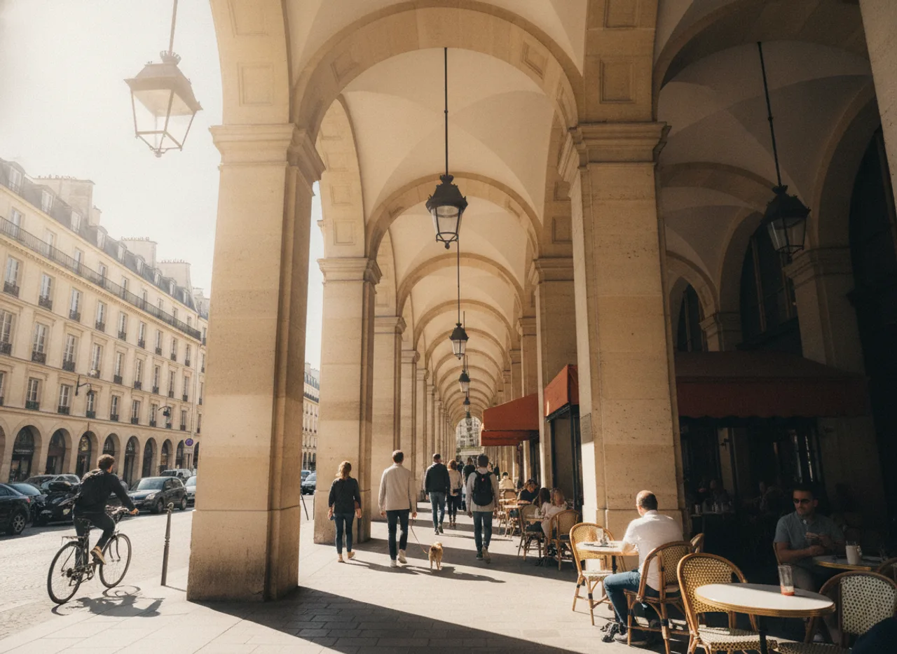 Arcades de pierre de la rue de Rivoli, passants sous les galeries.