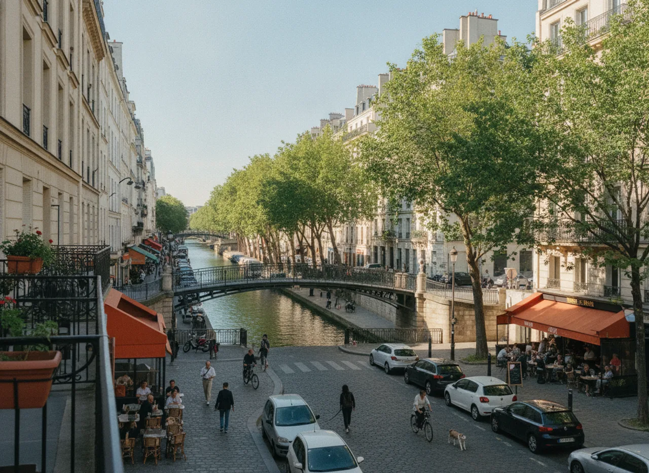 Passerelle de fer au-dessus d’un canal bordé de platanes et d’immeubles.