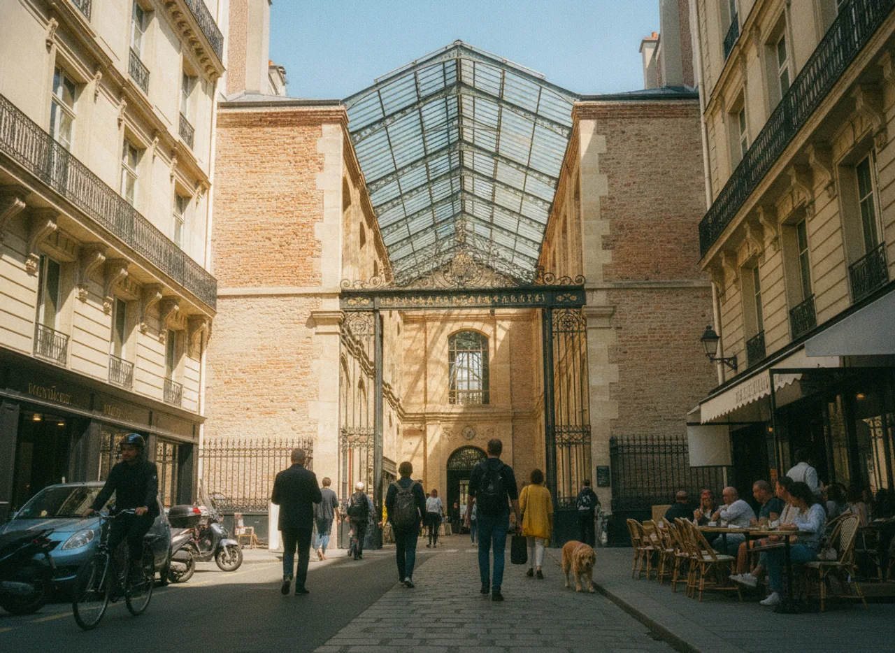 Cour d’ancien atelier d’artisan à verrière et murs de brique.