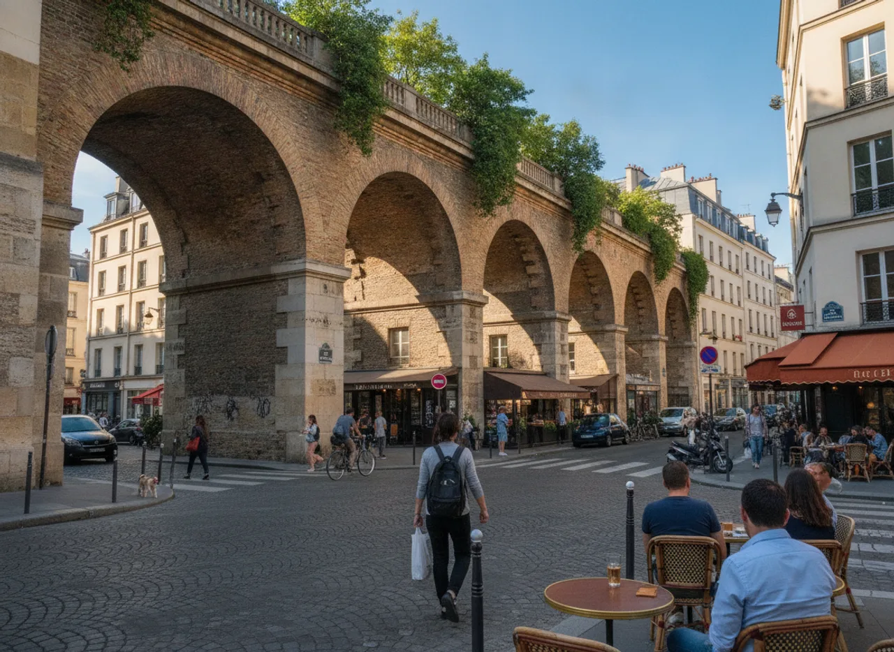 Promenade plantée sur un viaduc de brique aux voûtes cintrées.