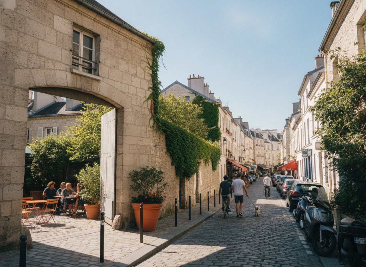 Ruelle pavée de petites maisons de ville couvertes de lierre.