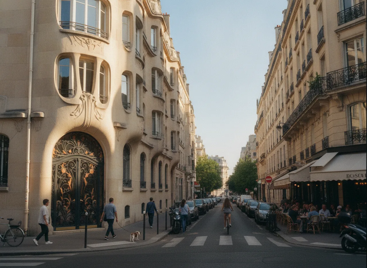 Façade Art nouveau aux fenêtres courbes et porte en fer forgé.