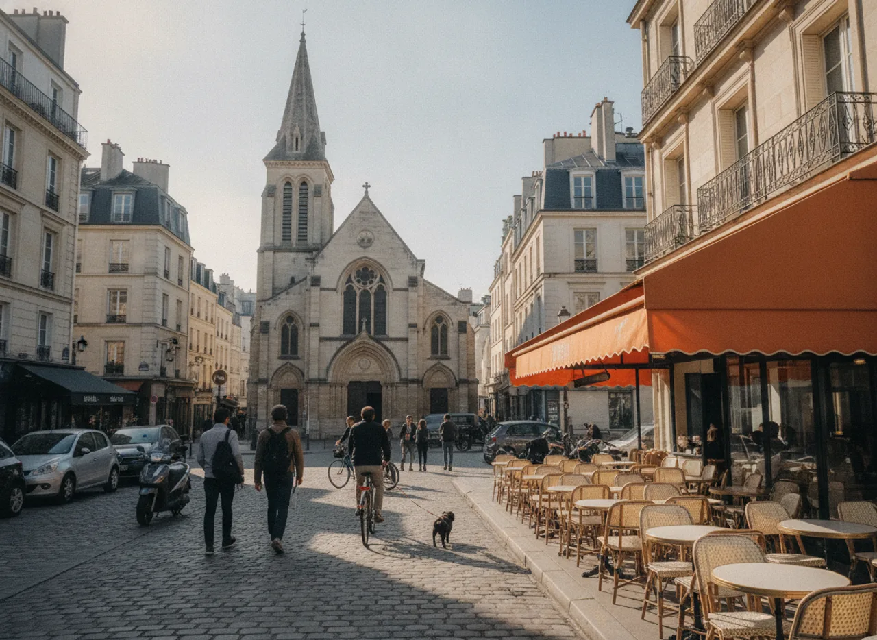 Petite place avec église et immeubles de pierre, terrasse aux chaises vides.