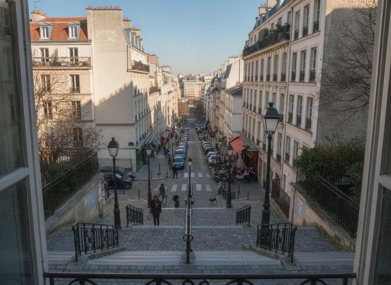 Escaliers de pierre sur une butte, rampes de fer et réverbères anciens.
