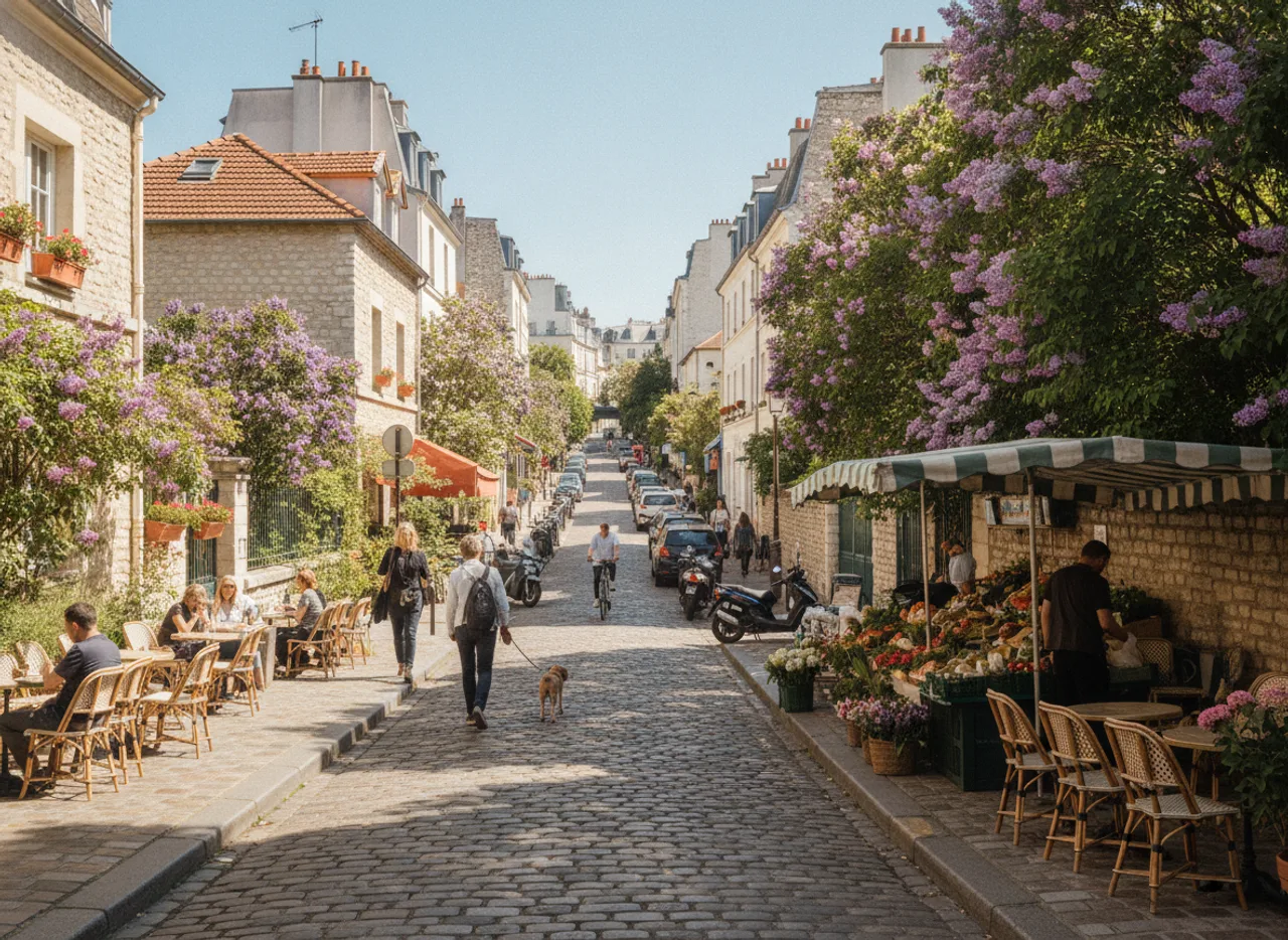 Ruelle pavée de maisons à jardinets sur une colline de l’est parisien.