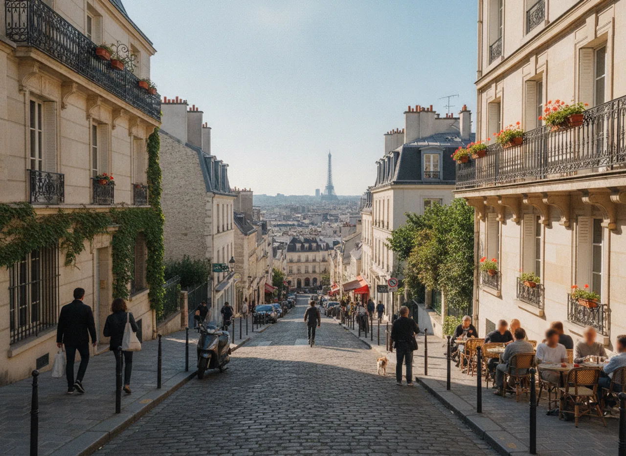 Rue de village en pente, façades basses et vue sur les toits de Paris.