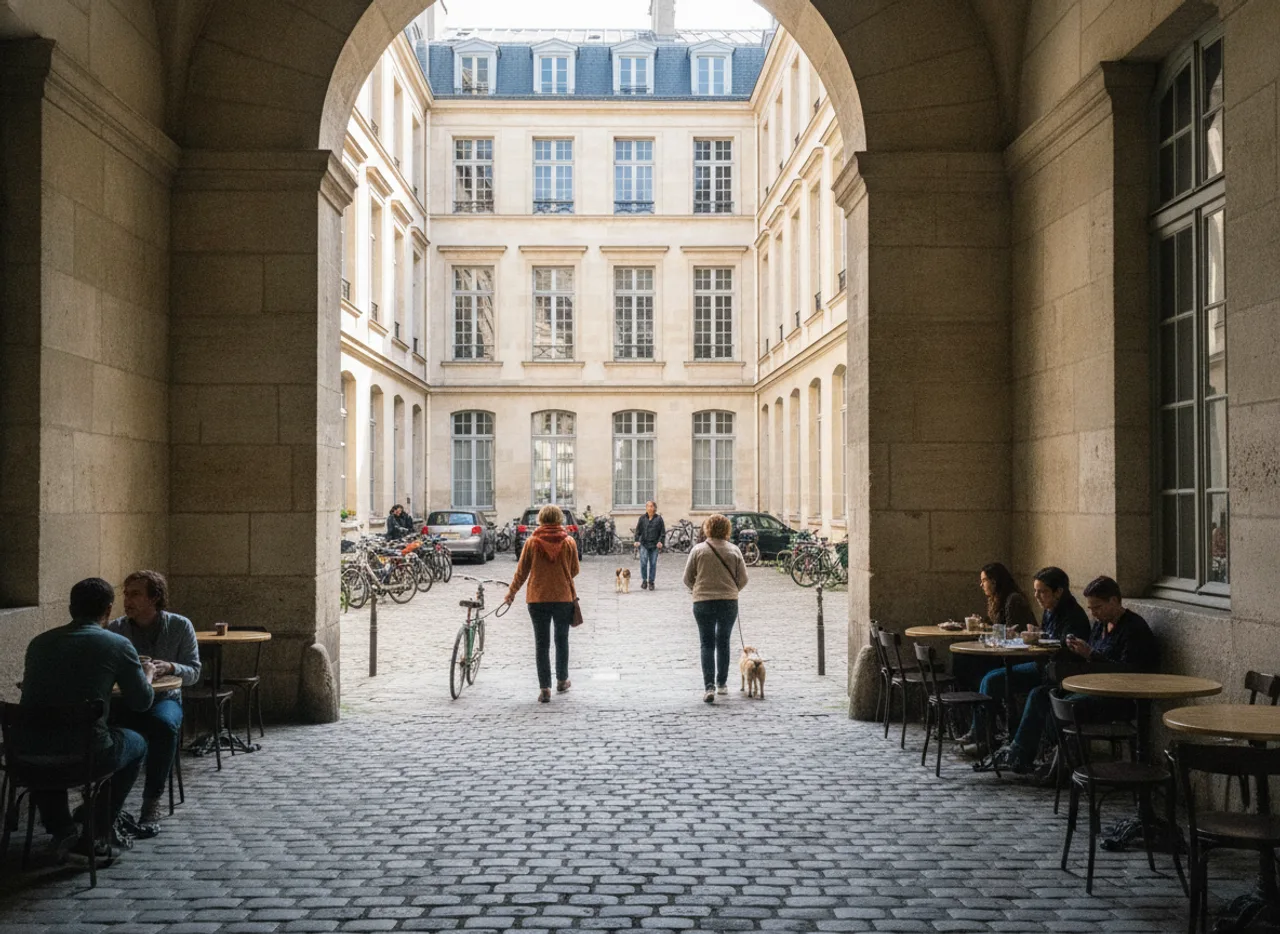 Cour pavée d’un hôtel particulier du XVIIe siècle dans le Haut Marais.