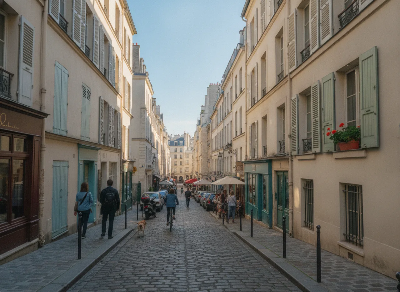 Ruelle en pente du Quartier latin, immeubles anciens et volets de bois.