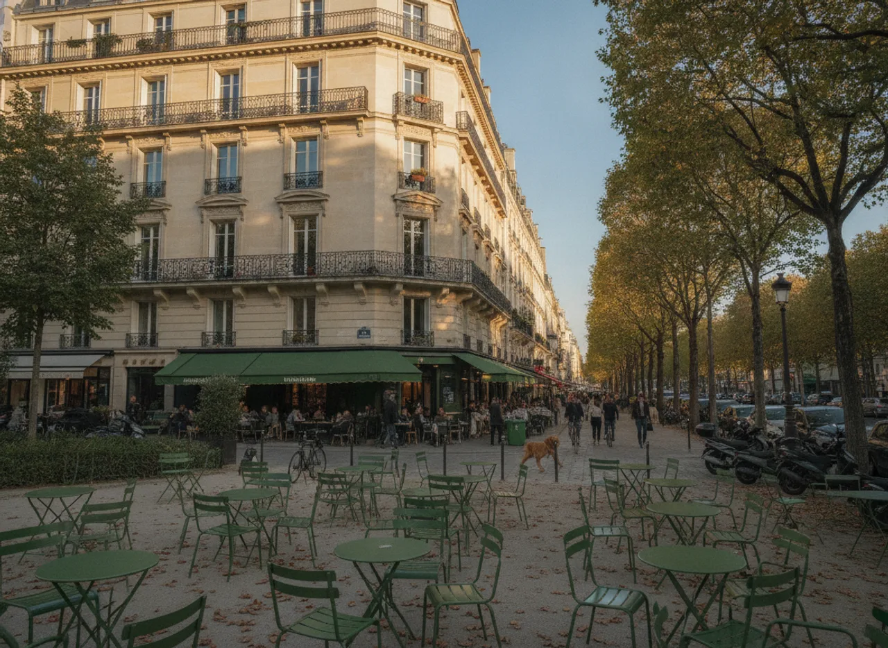 Angle d’immeuble de pierre donnant sur un jardin aux chaises de fer vertes.