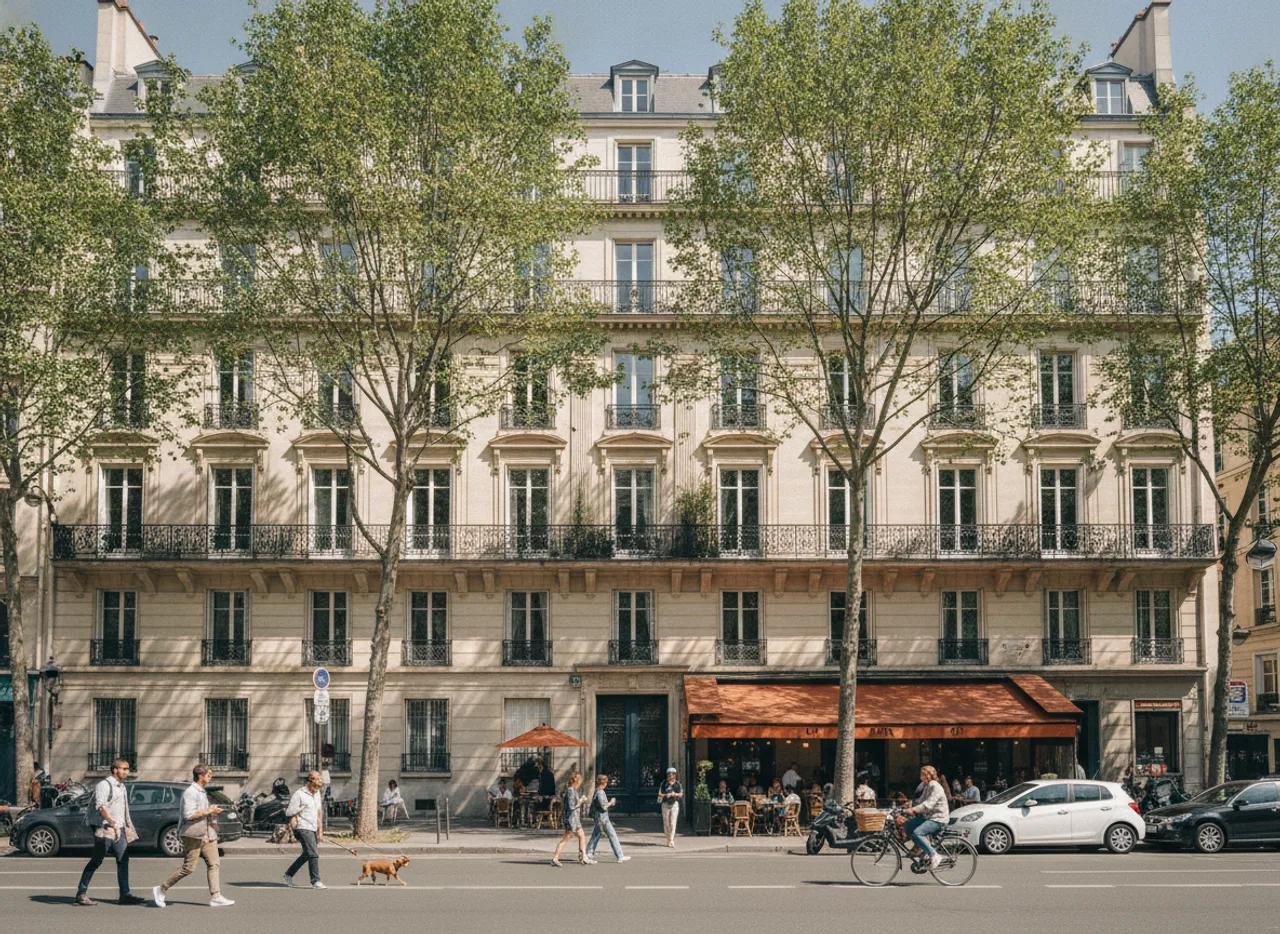 Immeuble de pierre aux balcons filants sur une large avenue arborée.