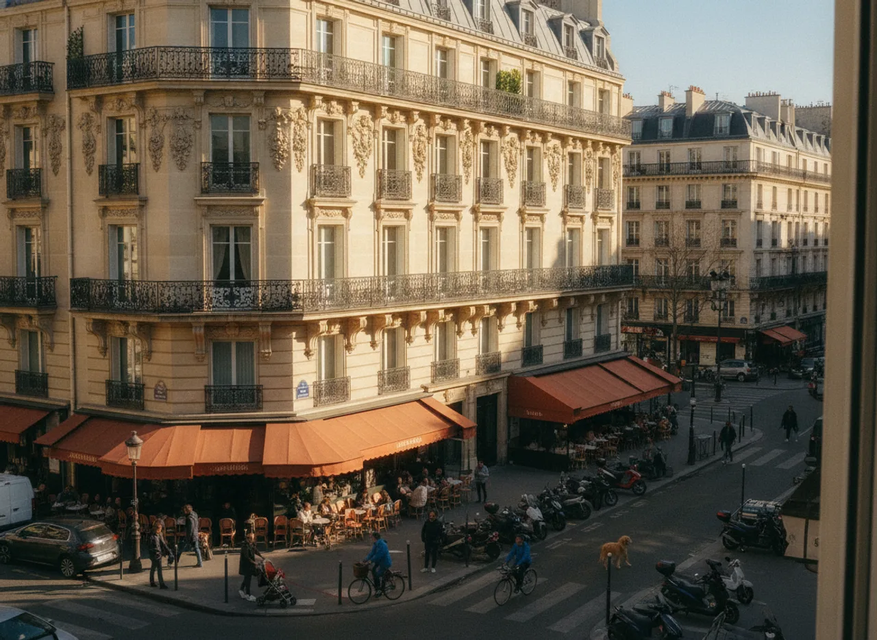 Façade haussmannienne sculptée aux balcons filants, rue calme le matin.