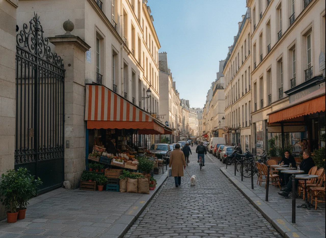 Rue en pente bordée d’immeubles clairs des années 1830, cité privée fermée.